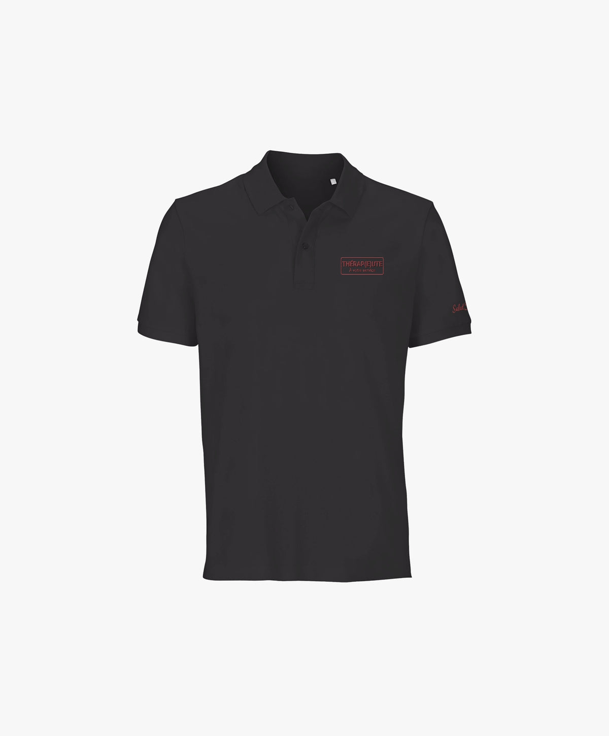 Vue de face du polo gris graphite Salut Fred avec broderie « Thérap(e)ute. À votre service » sur la poitrine gauche