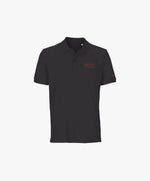 Vue de face du polo gris graphite Salut Fred avec broderie « Thérap(e)ute. À votre service » sur la poitrine gauche