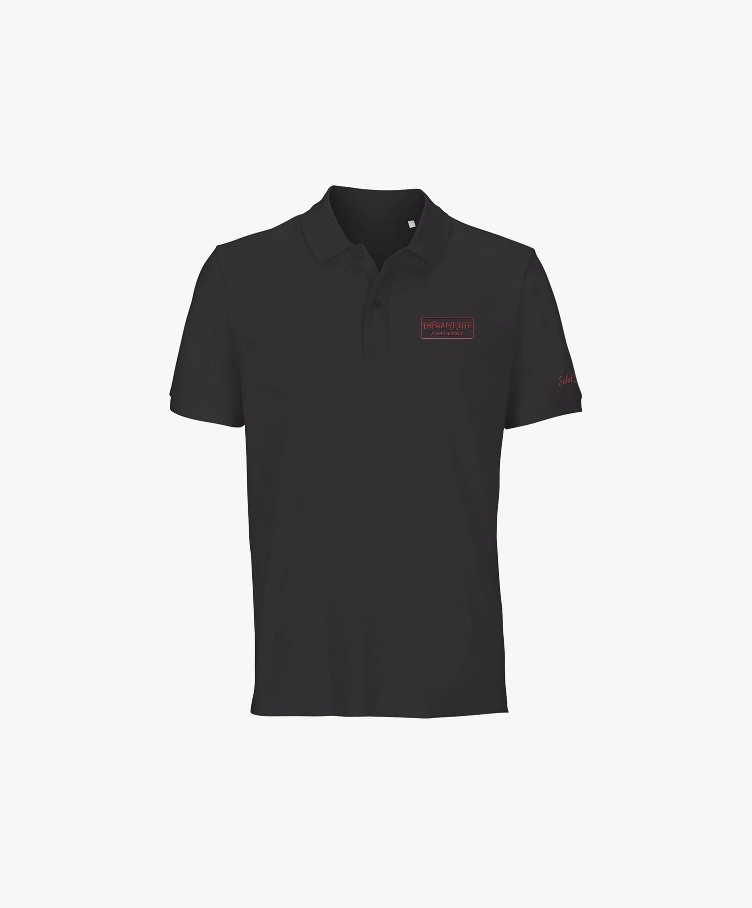 Vue de face du polo gris graphite Salut Fred avec broderie « Thérap(e)ute. À votre service » sur la poitrine gauche