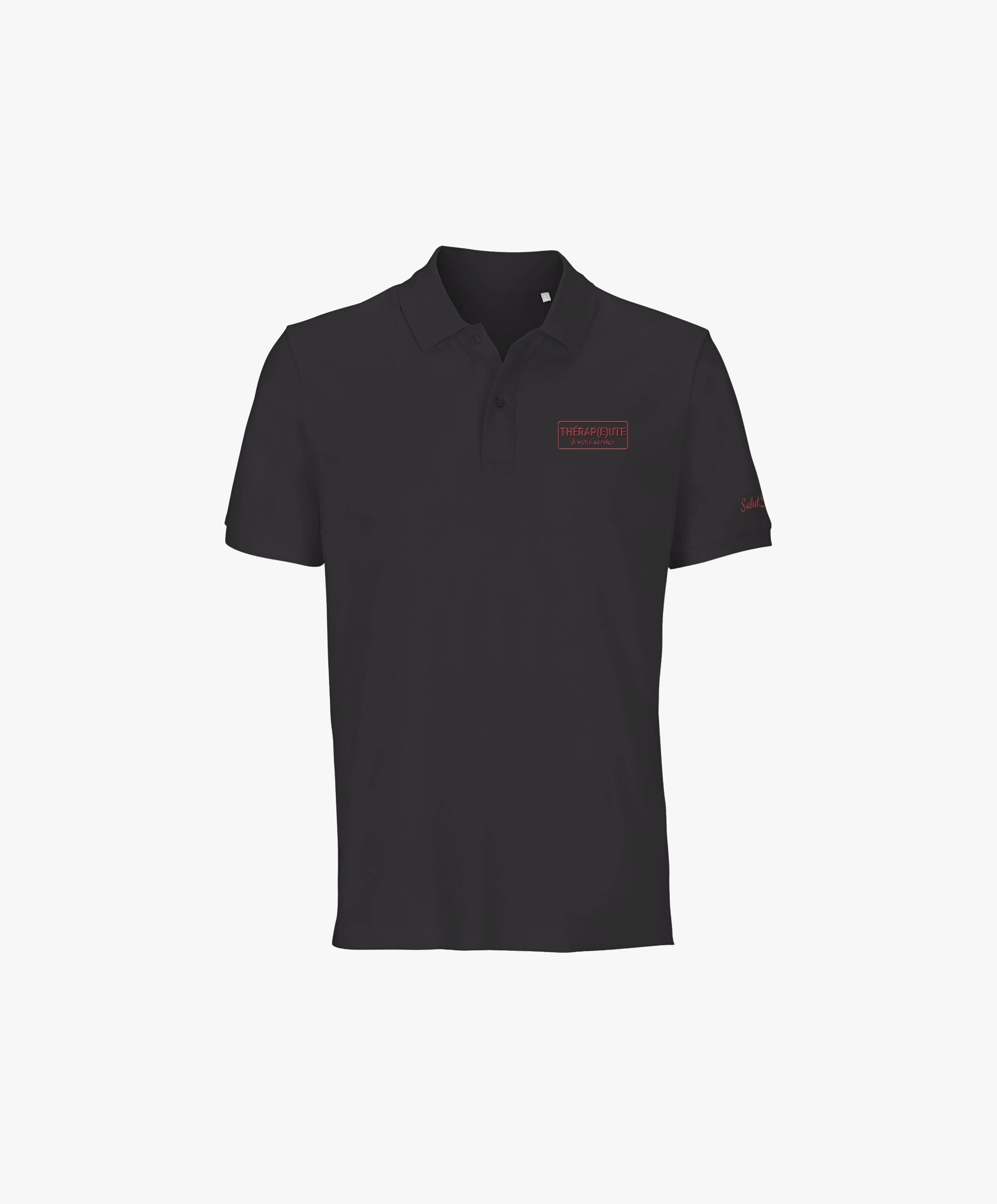 Vue de face du polo gris graphite Salut Fred avec broderie « Thérap(e)ute. À votre service » sur la poitrine gauche