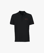 Vue de face du polo noir Salut Fred avec broderie « Thérap(e)ute. À votre service » sur la poitrine gauche