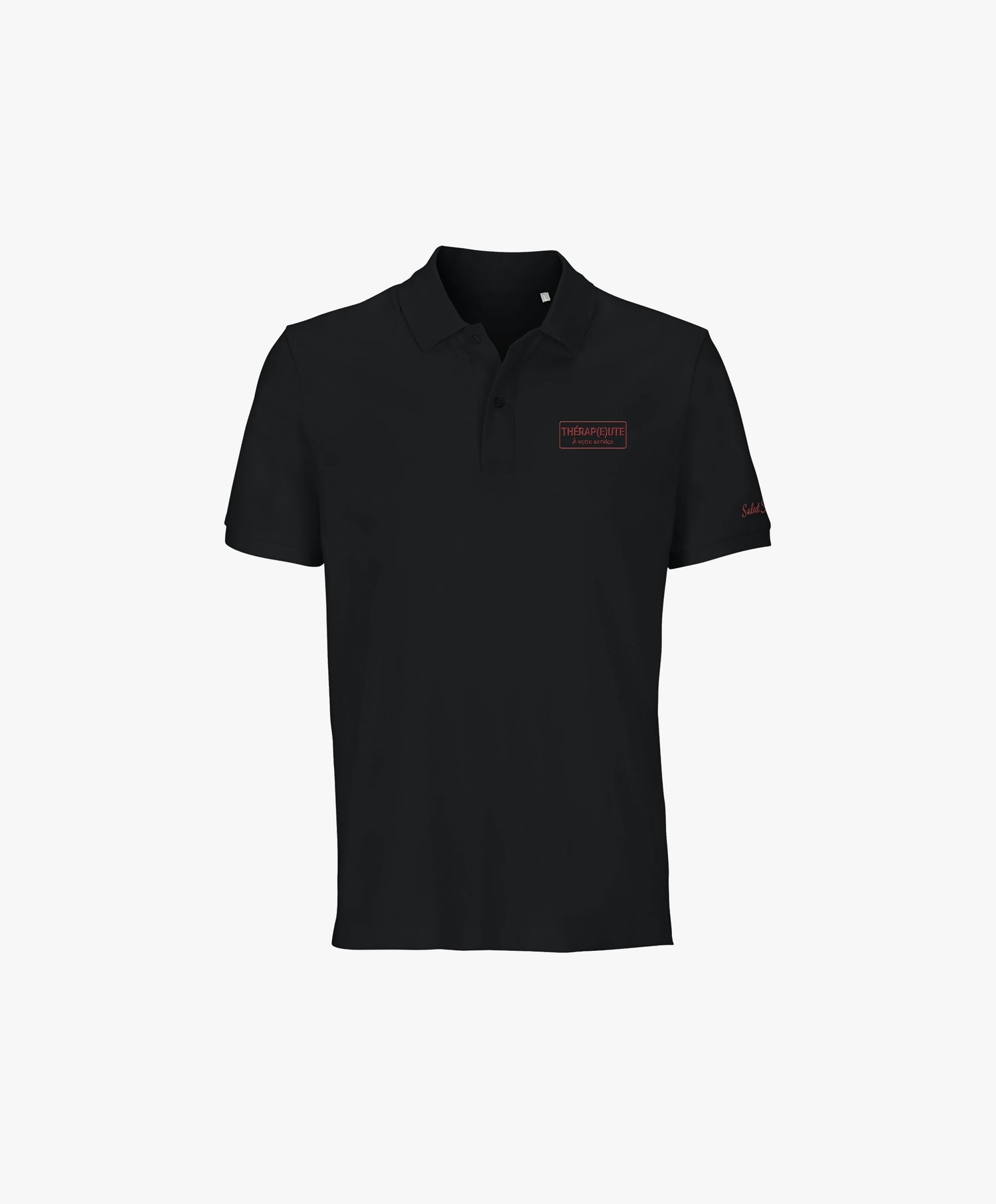 Vue de face du polo noir Salut Fred avec broderie « Thérap(e)ute. À votre service » sur la poitrine gauche