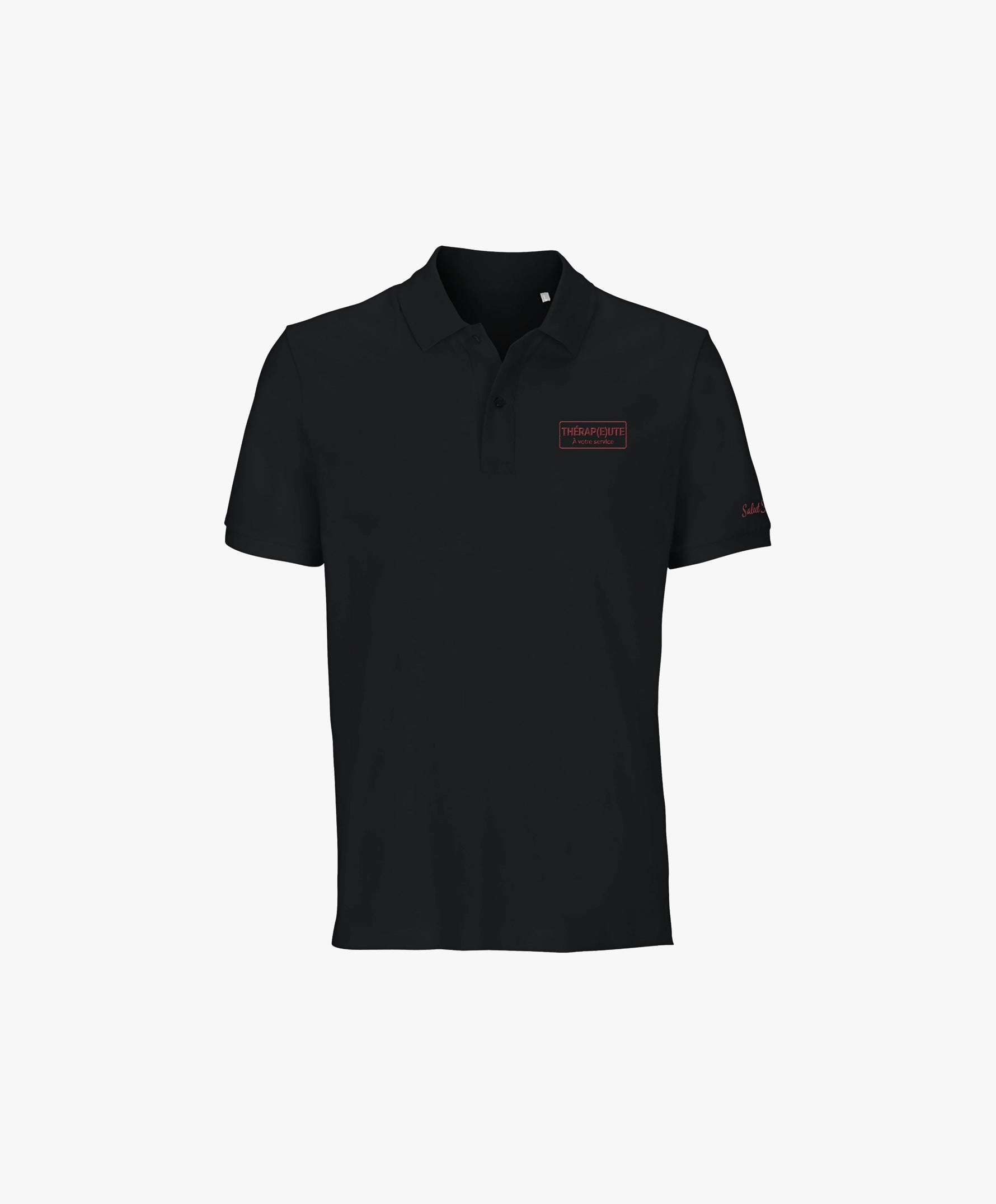 Vue de face du polo noir Salut Fred avec broderie « Thérap(e)ute. À votre service » sur la poitrine gauche