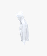 Vue côté gauche du hoodie blanc Salut Fred avec motif Quai Branly de la collection Rues de France