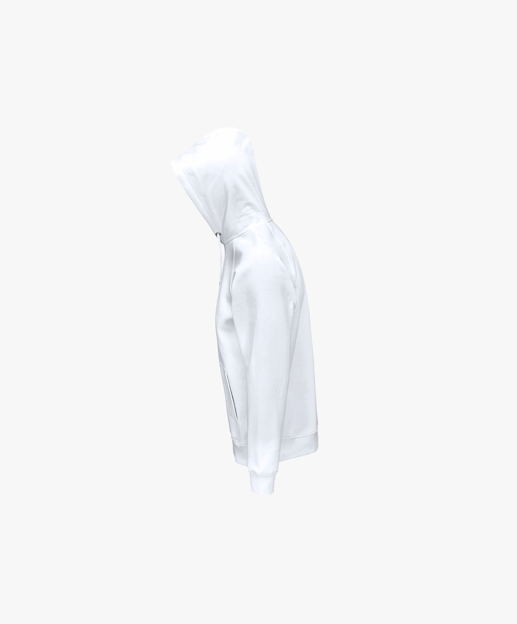 Vue côté gauche du hoodie blanc Salut Fred avec motif Quai Branly de la collection Rues de France