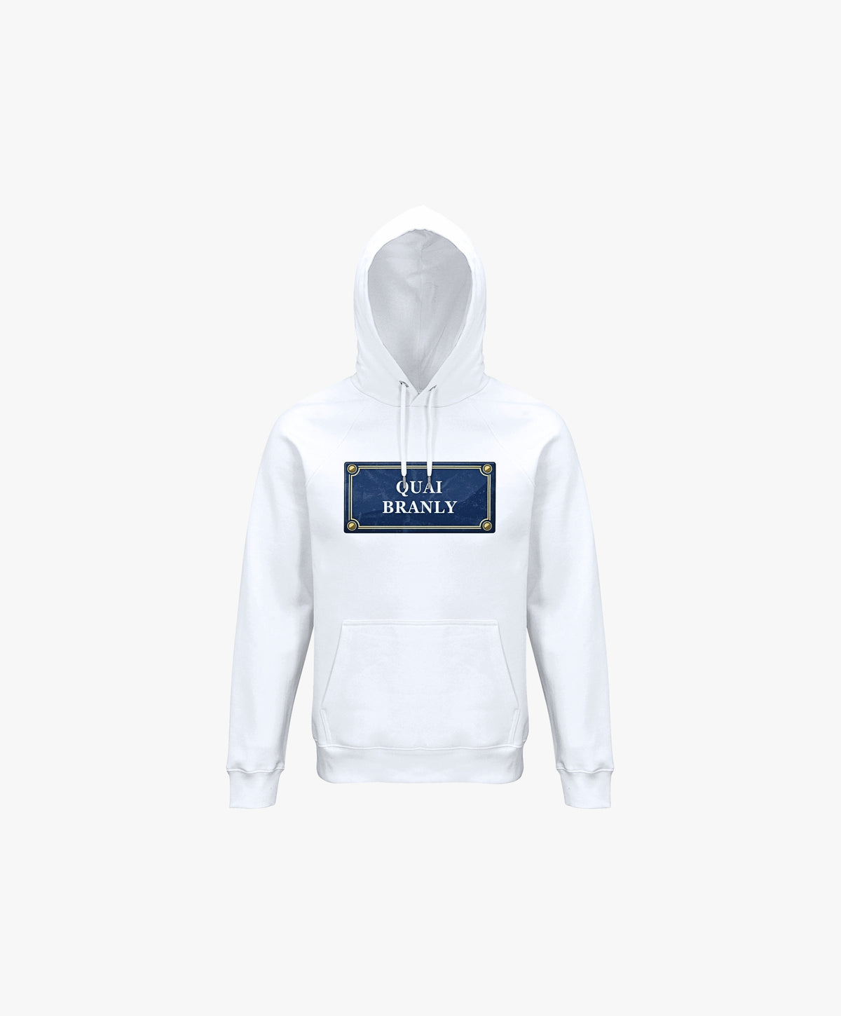 Vue de face du hoodie blanc Salut Fred avec motif Quai Branly de la collection Rues de France