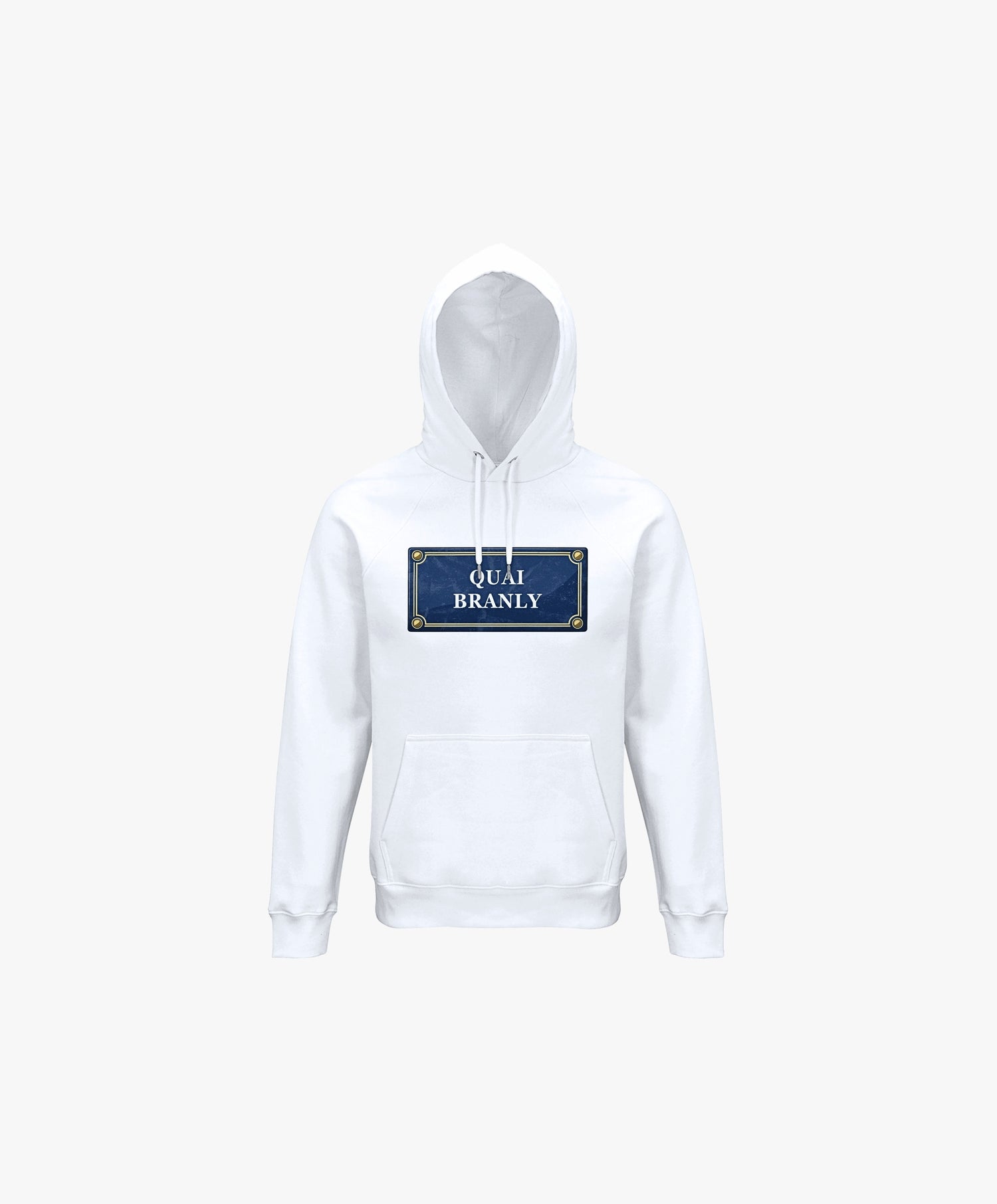 Vue de face du hoodie blanc Salut Fred avec motif Quai Branly de la collection Rues de France