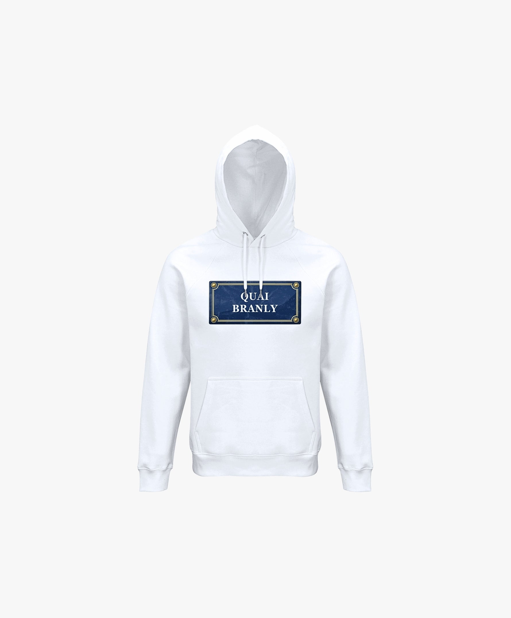 Vue de face du hoodie blanc Salut Fred avec motif Quai Branly de la collection Rues de France