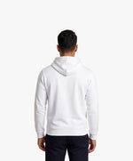 Vue de dos d’un homme portant un hoodie blanc Salut Fred avec motif Quai Branly de la collection Rues de France