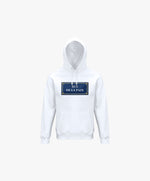Vue de face du hoodie blanc Salut Fred avec motif Rue de la Paix de la collection Rues de France