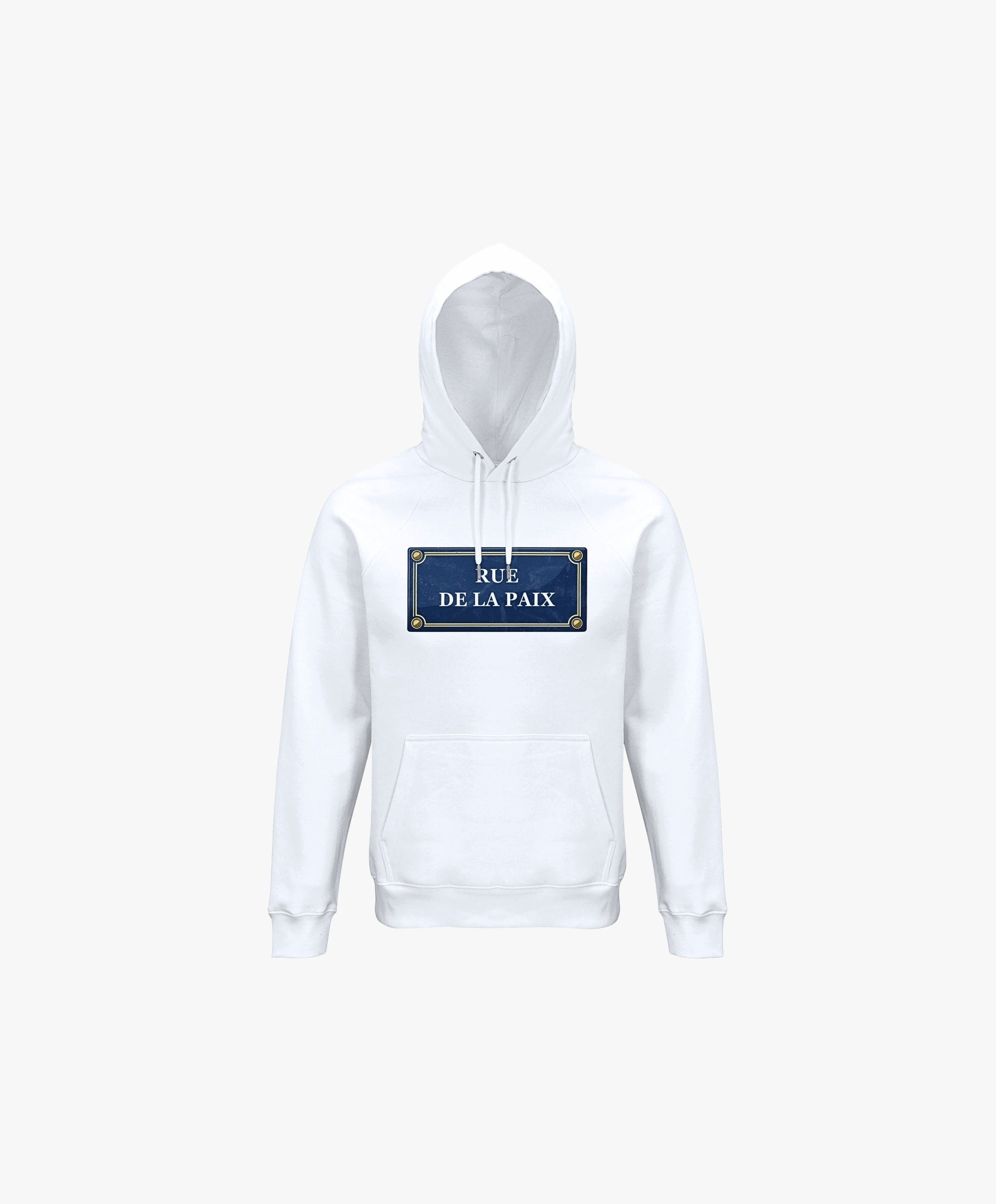 Vue de face du hoodie blanc Salut Fred avec motif Rue de la Paix de la collection Rues de France