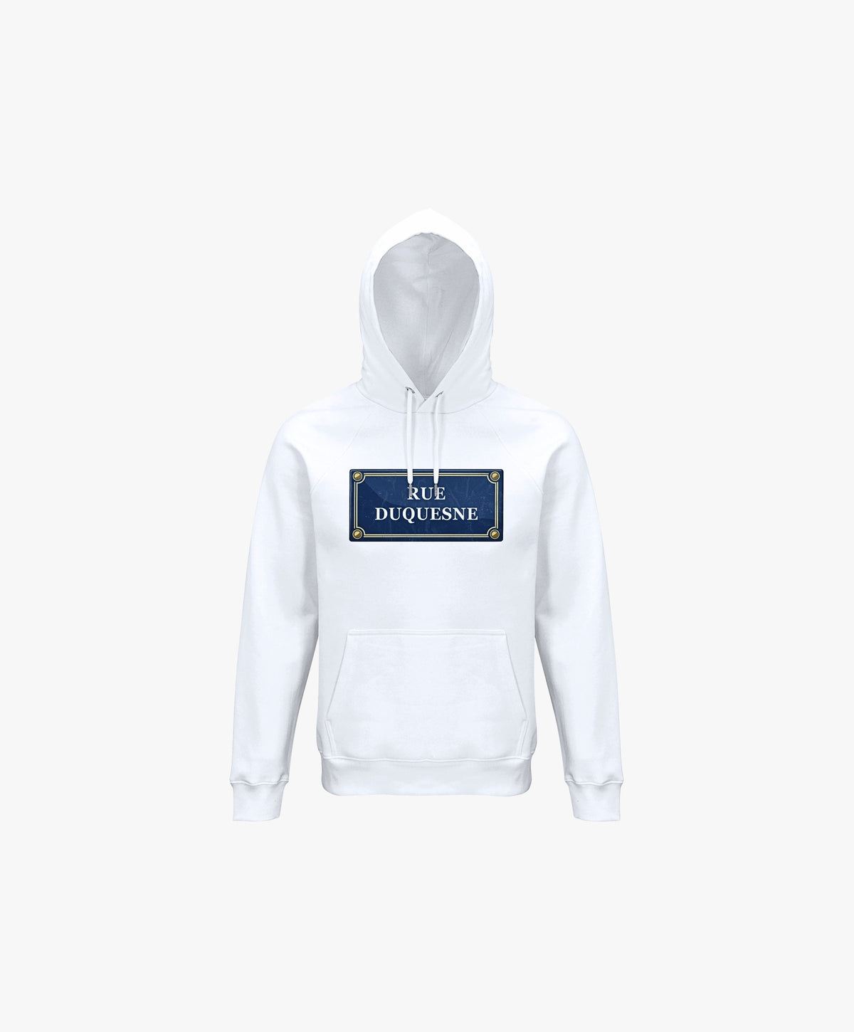 Vue de face du hoodie blanc Salut Fred avec motif Rue Duquesne de la collection Rues de France