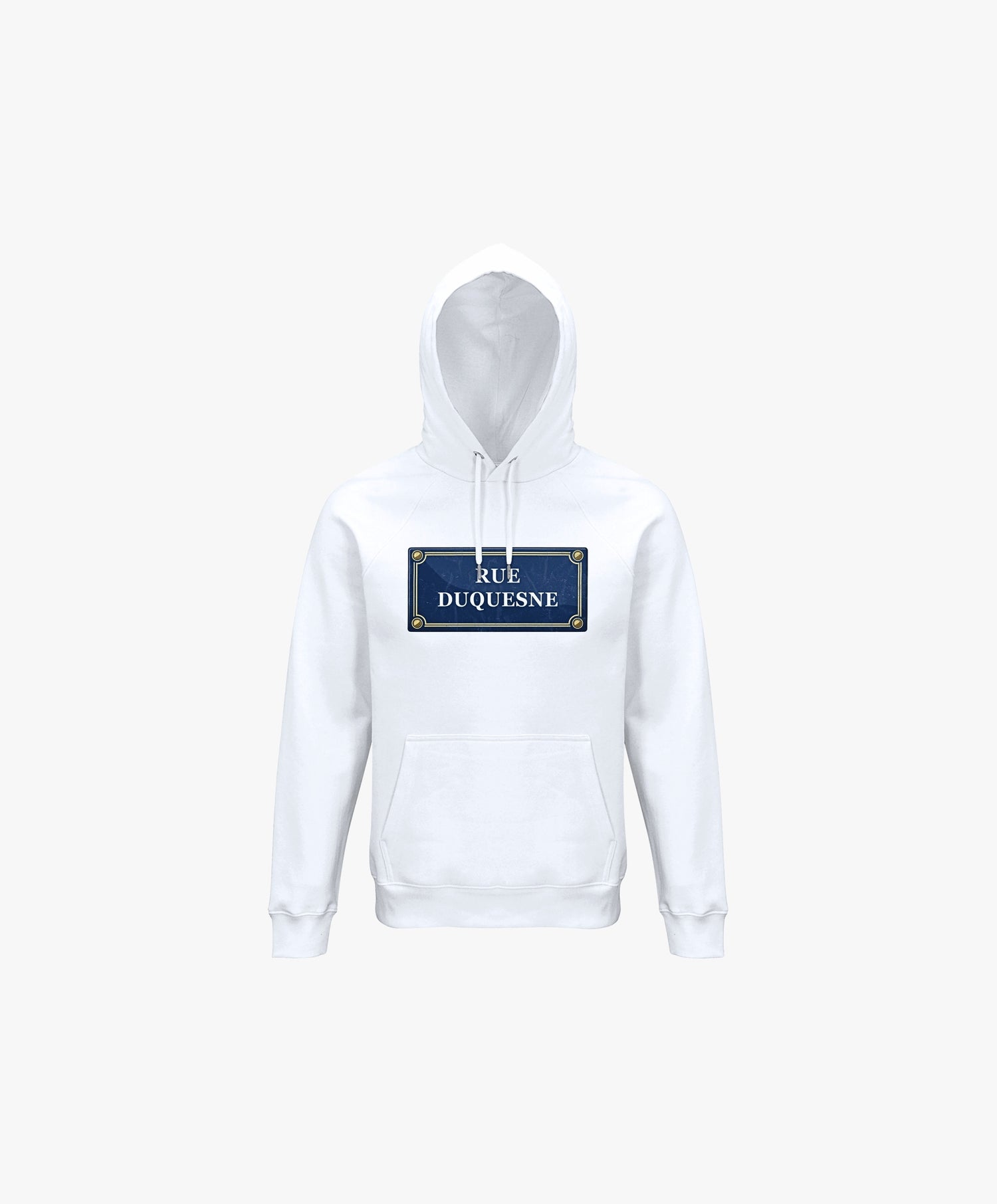 Vue de face du hoodie blanc Salut Fred avec motif Rue Duquesne de la collection Rues de France