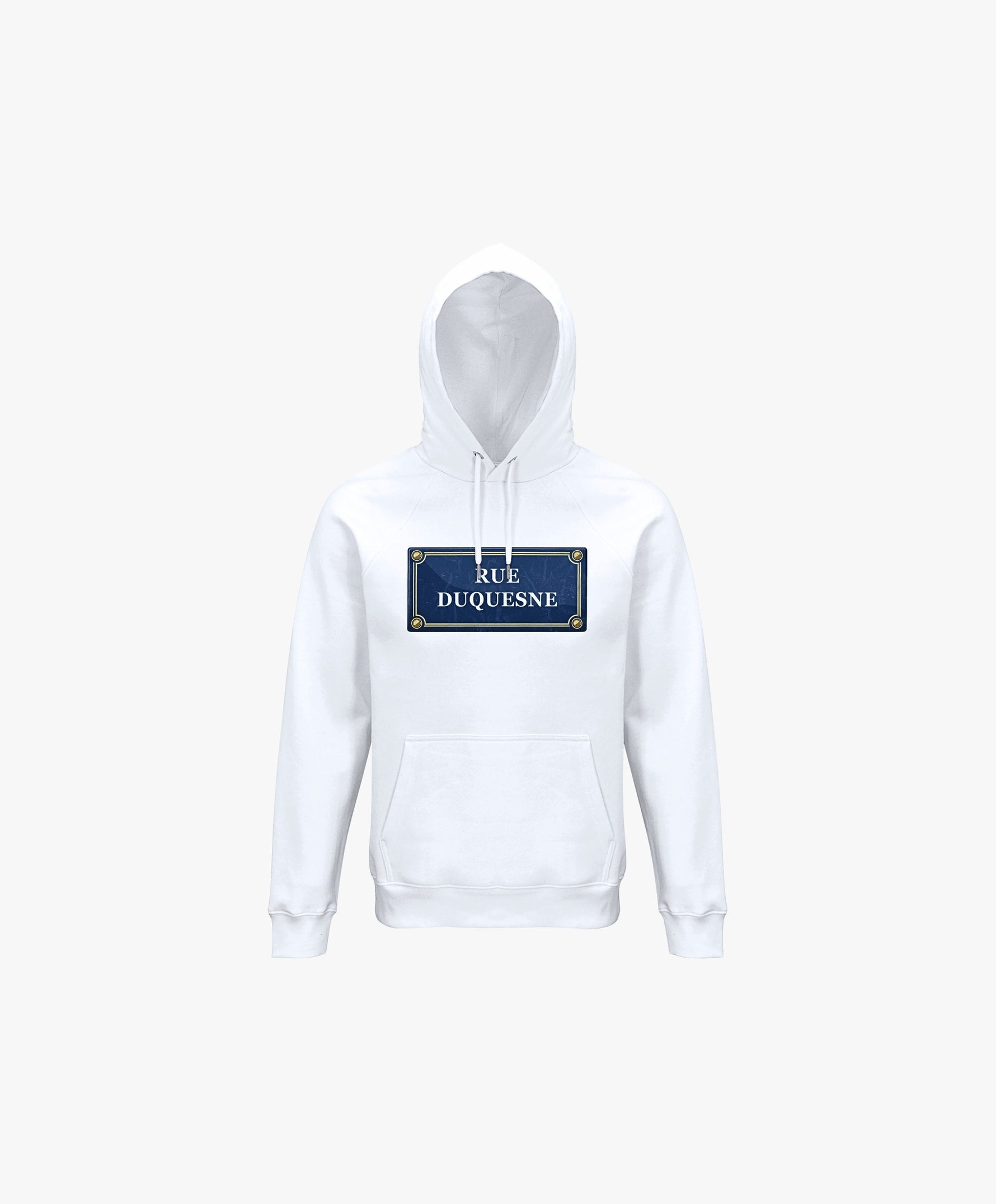 Vue de face du hoodie blanc Salut Fred avec motif Rue Duquesne de la collection Rues de France