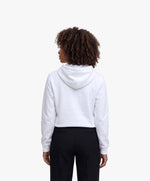 Vue de dos d’une femme portant un hoodie blanc Salut Fred avec motif Rue Duquesne de la collection Rues de France