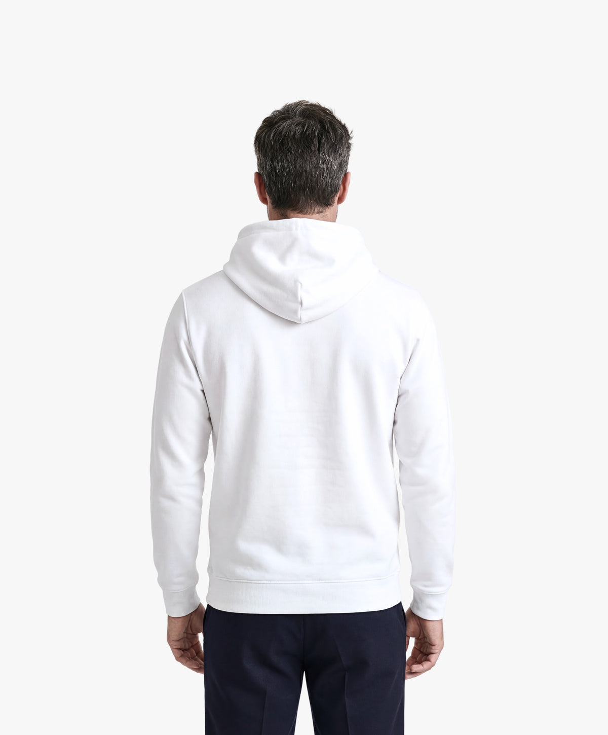 Vue de dos d’un homme portant un hoodie blanc Salut Fred avec motif Rue Duquesne de la collection Rues de France