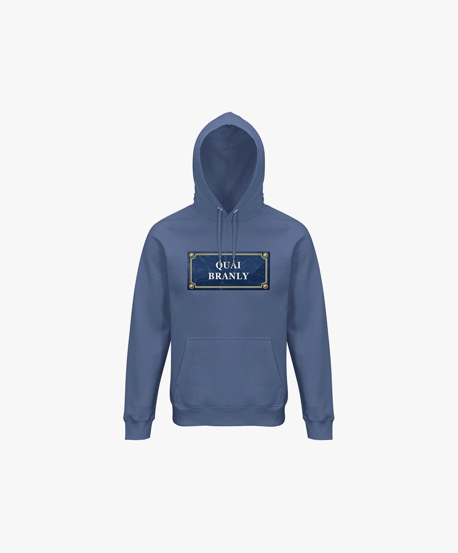 Vue de face du hoodie bleu ardoise Salut Fred avec motif Quai Branly de la collection Rues de France