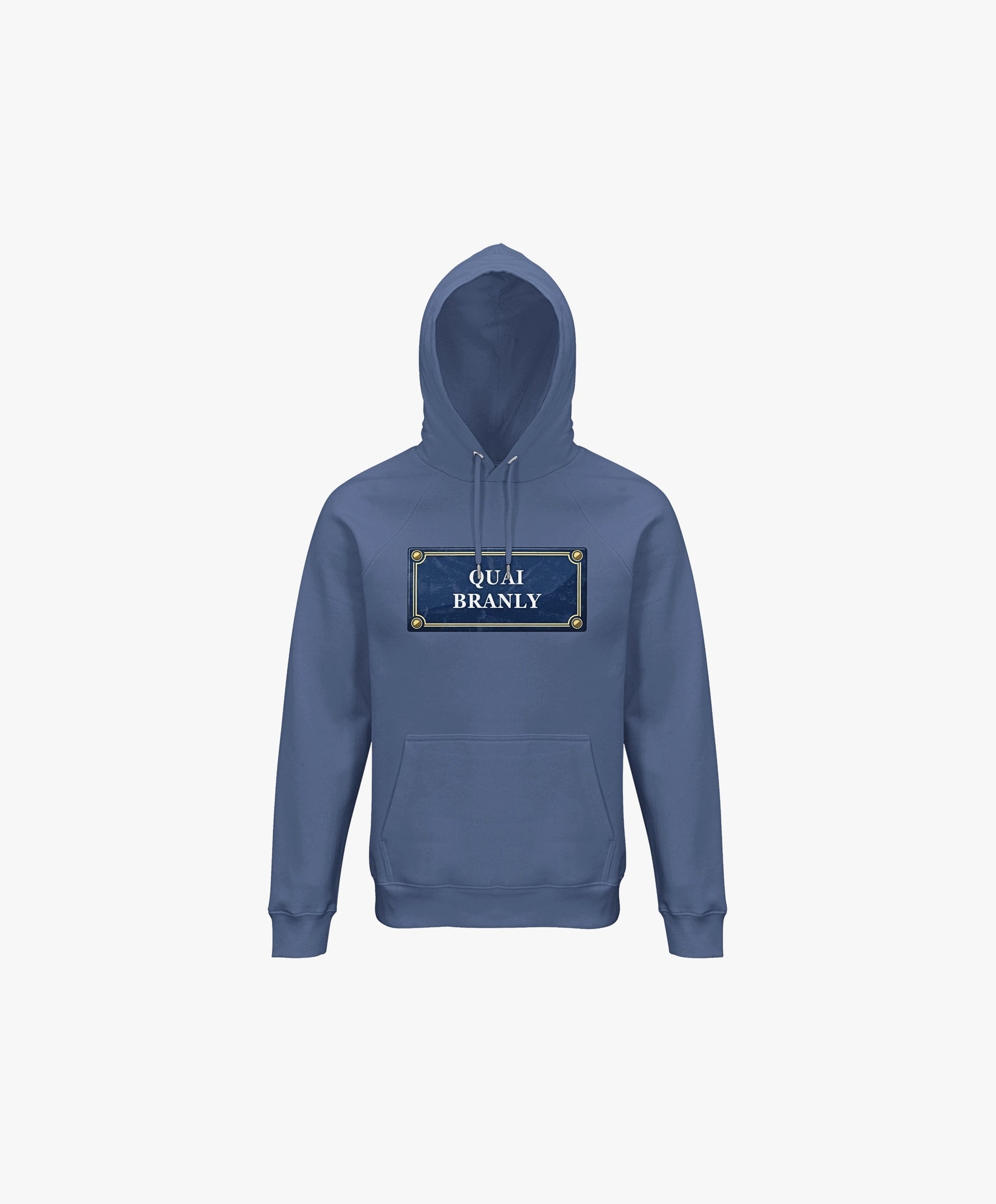 Vue de face du hoodie bleu ardoise Salut Fred avec motif Quai Branly de la collection Rues de France