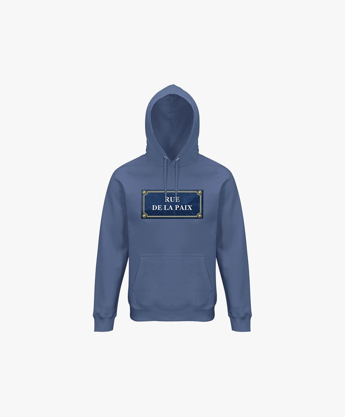 Vue de face du hoodie bleu ardoise Salut Fred avec motif Rue de la Paix de la collection Rues de France