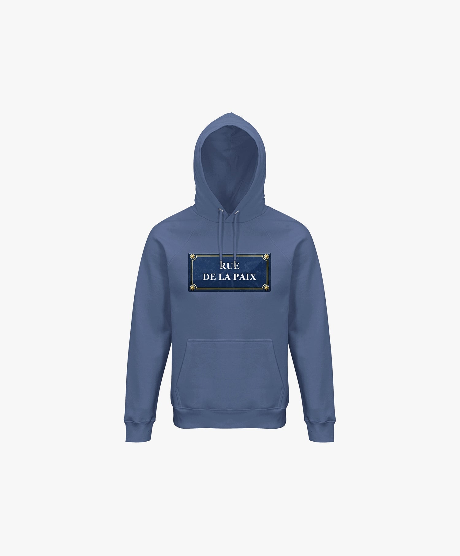 Vue de face du hoodie bleu ardoise Salut Fred avec motif Rue de la Paix de la collection Rues de France