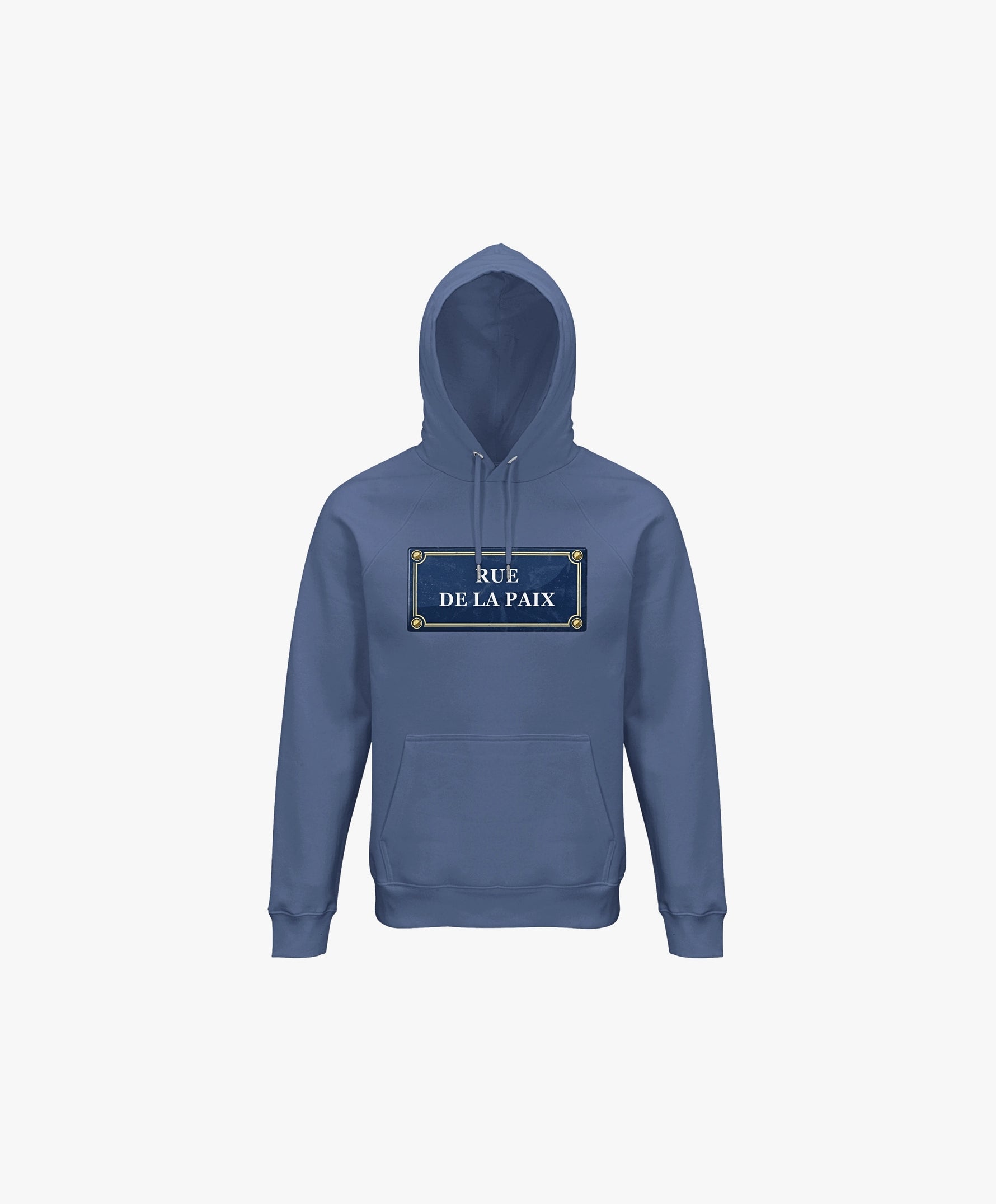 Vue de face du hoodie bleu ardoise Salut Fred avec motif Rue de la Paix de la collection Rues de France