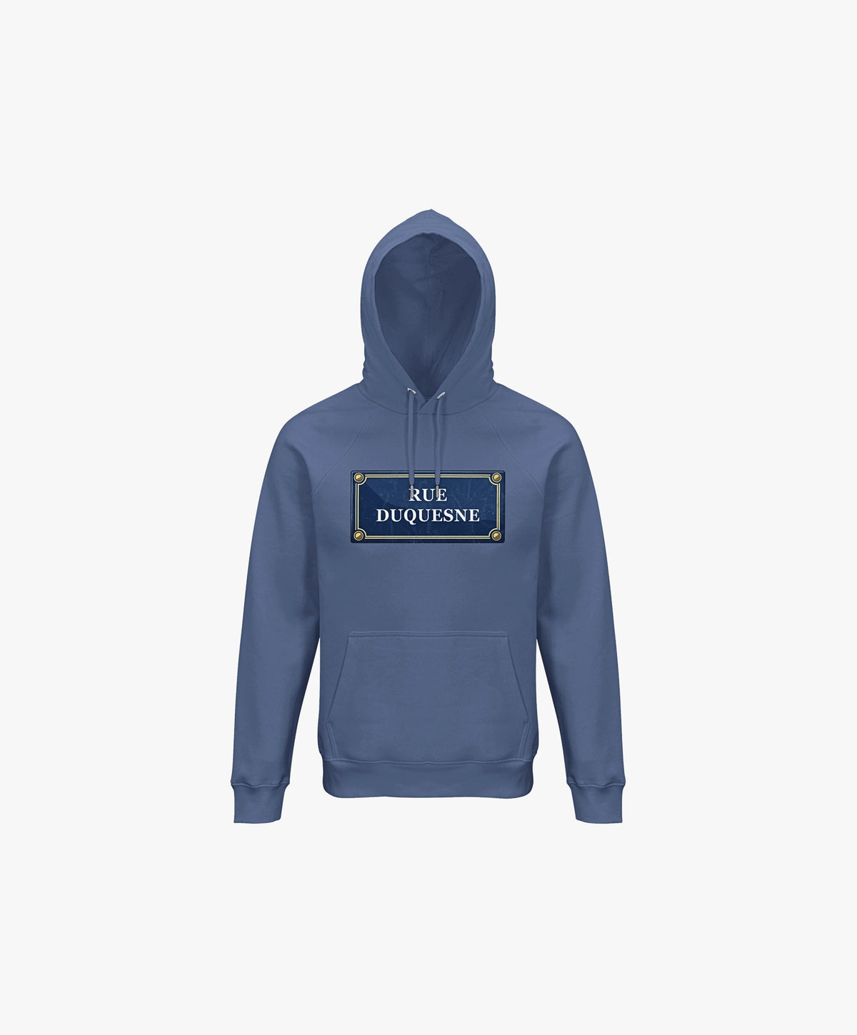 Vue de face du hoodie bleu ardoise Salut Fred avec motif Rue Duquesne de la collection Rues de France