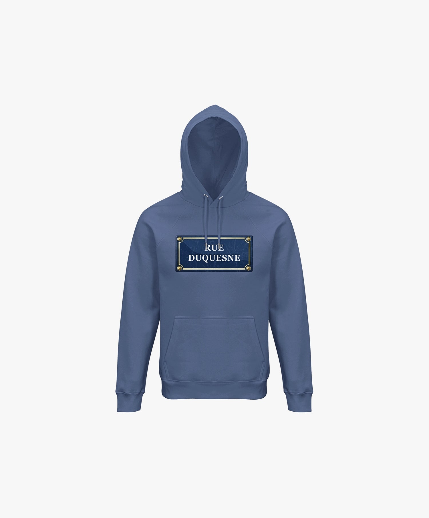 Vue de face du hoodie bleu ardoise Salut Fred avec motif Rue Duquesne de la collection Rues de France
