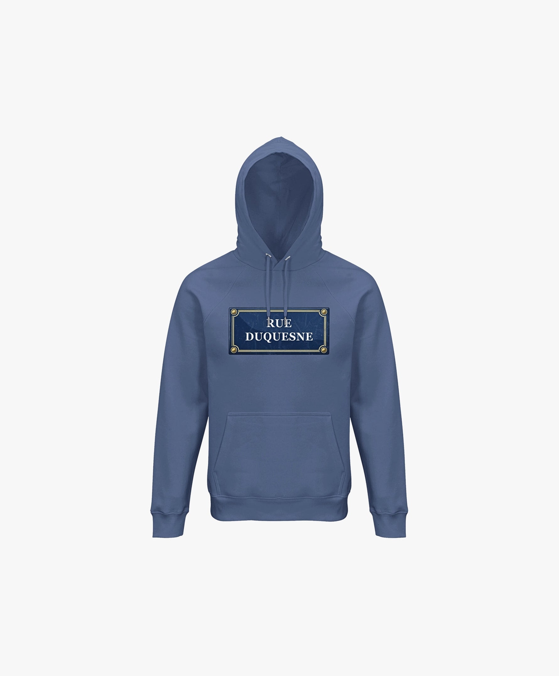 Vue de face du hoodie bleu ardoise Salut Fred avec motif Rue Duquesne de la collection Rues de France