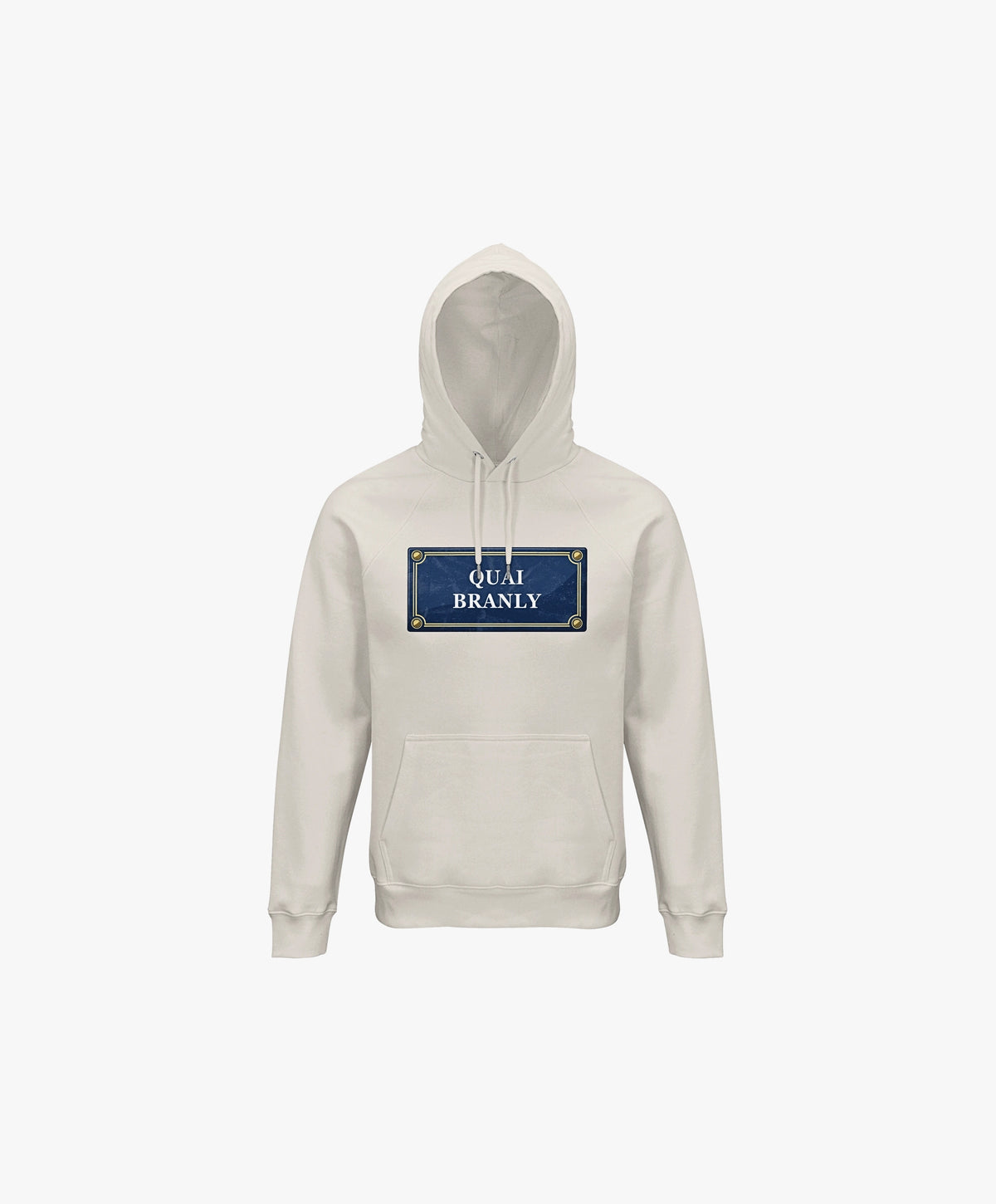 Vue de face du hoodie écru Salut Fred avec motif Quai Branly de la collection Rues de France