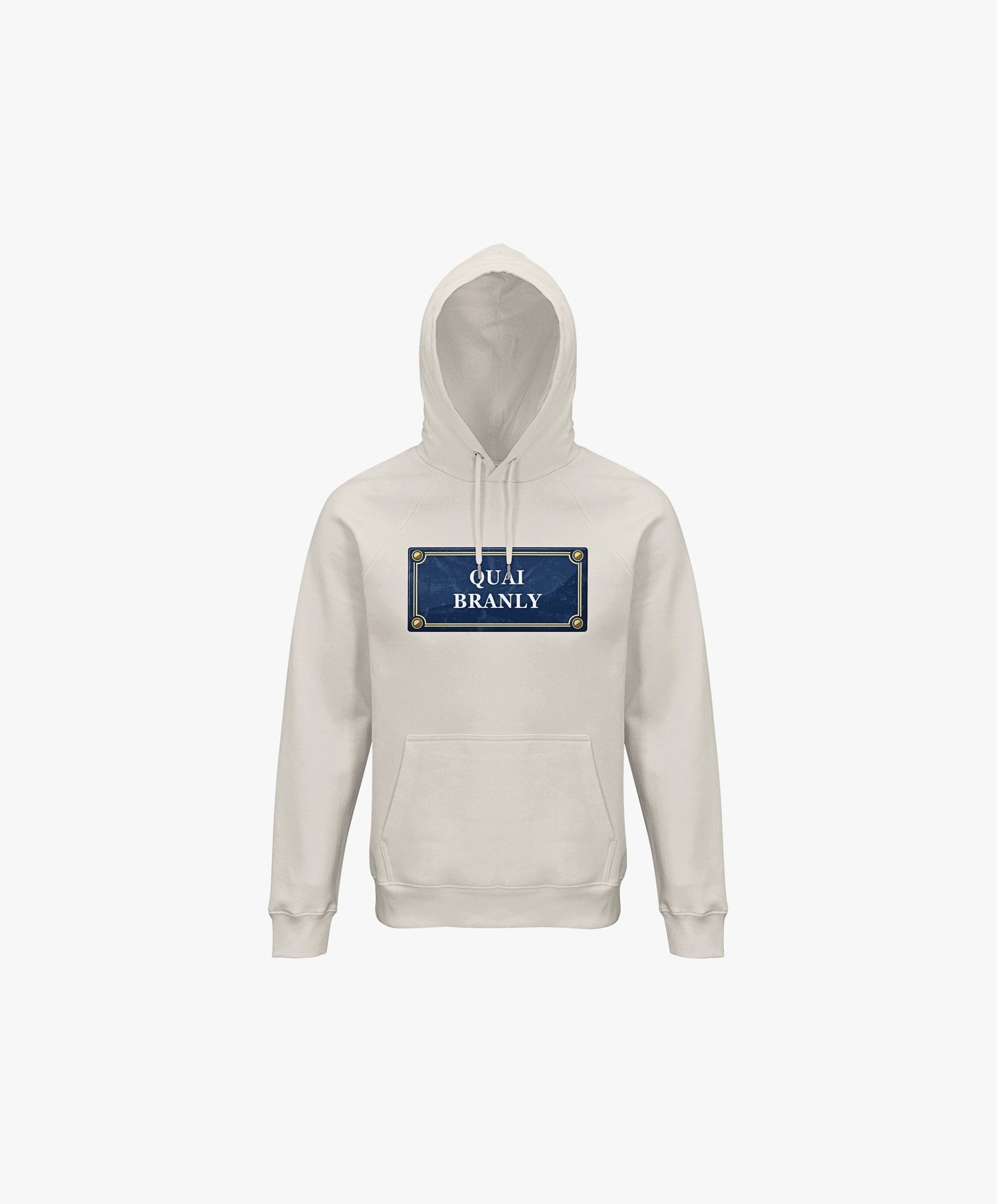 Vue de face du hoodie écru Salut Fred avec motif Quai Branly de la collection Rues de France