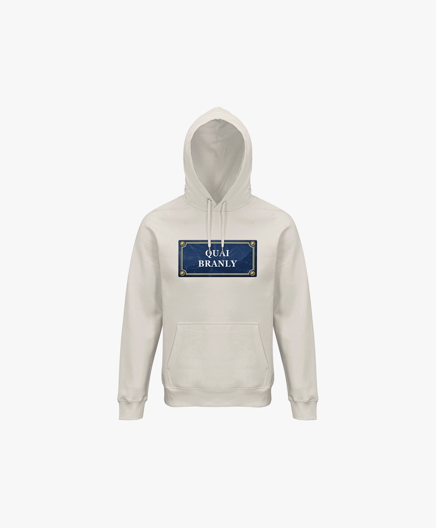 Vue de face du hoodie écru Salut Fred avec motif Quai Branly de la collection Rues de France