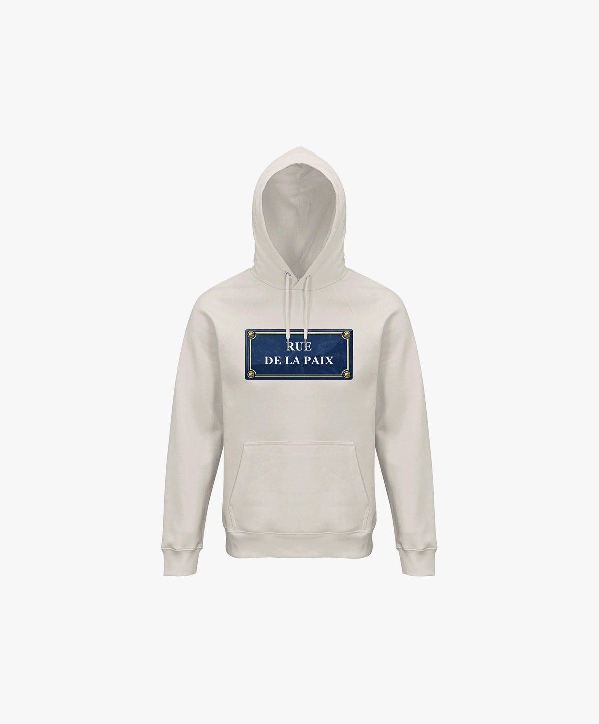 Vue de face du hoodie écru Salut Fred avec motif Rue de la Paix de la collection Rues de France