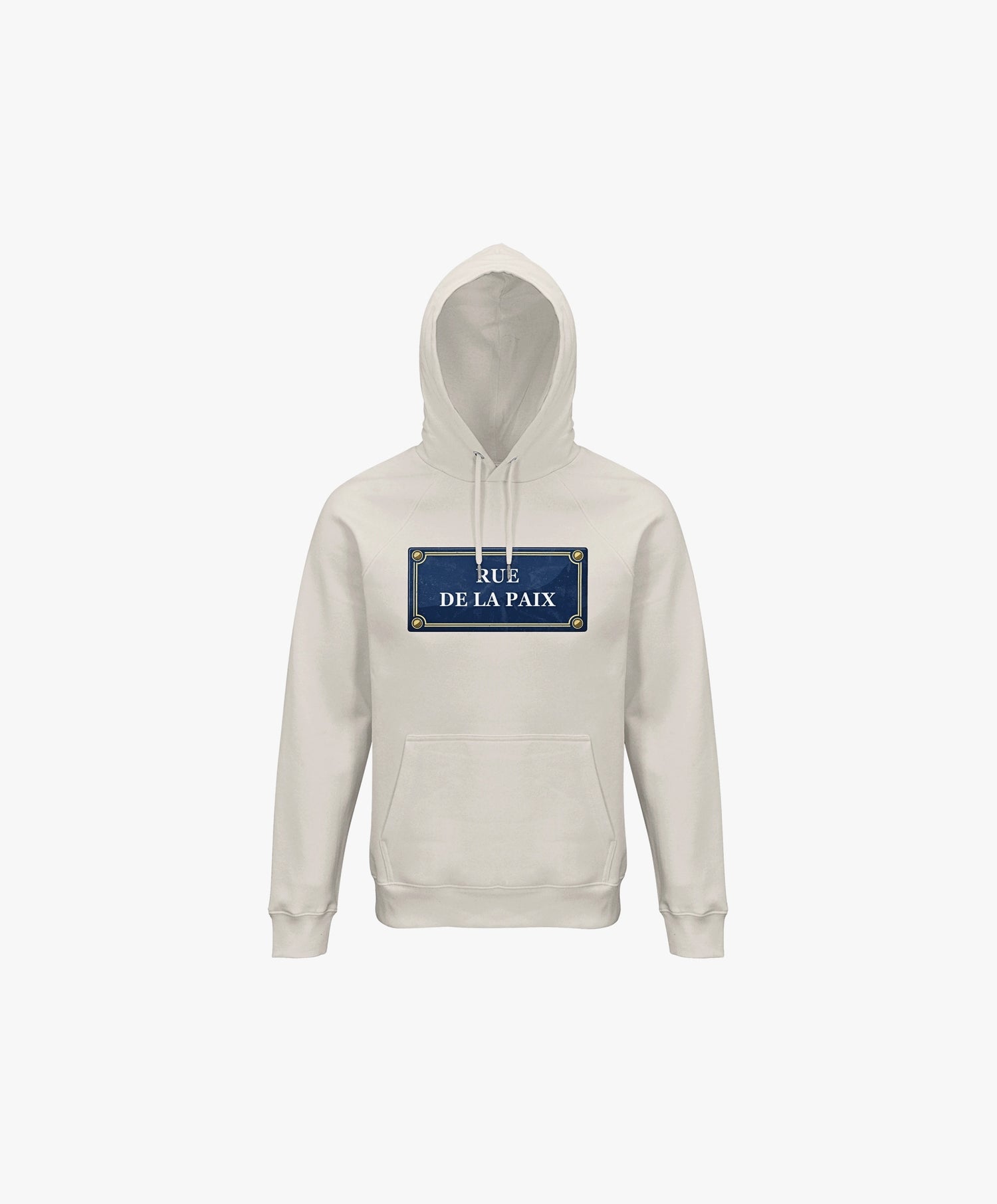 Vue de face du hoodie écru Salut Fred avec motif Rue de la Paix de la collection Rues de France