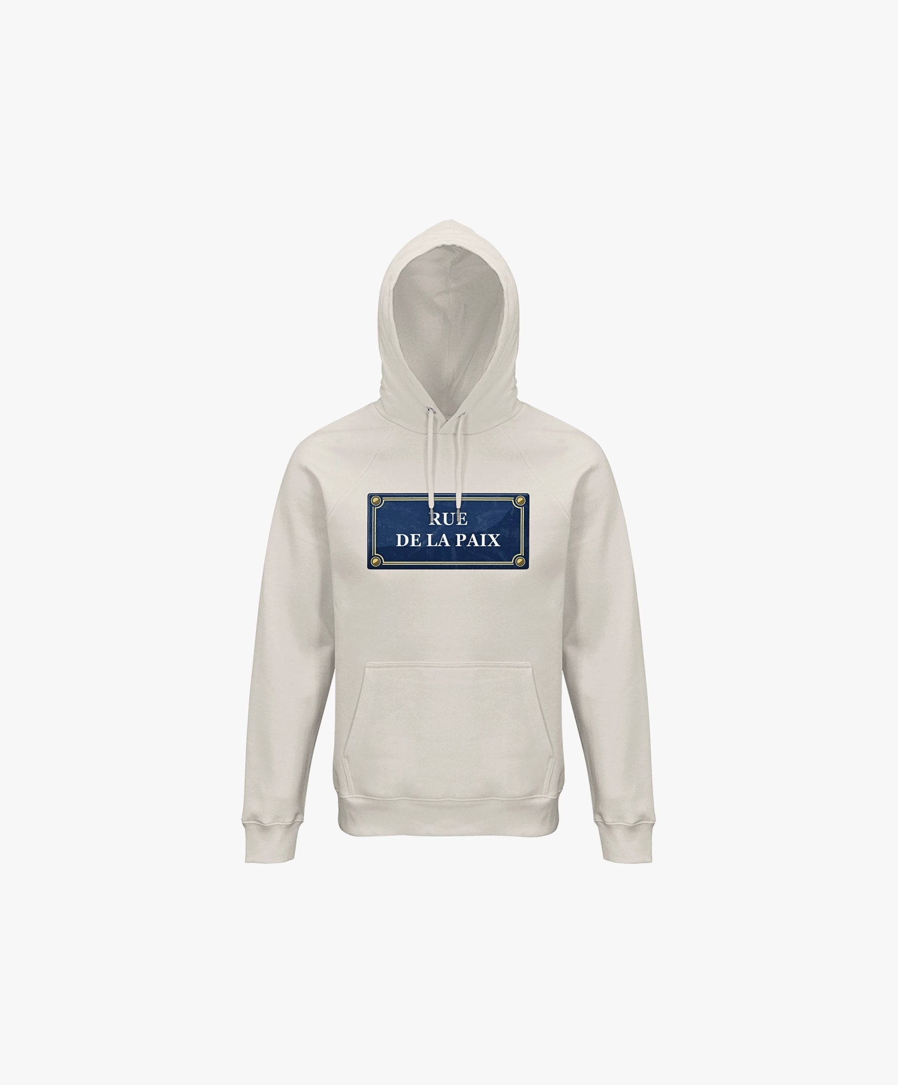 Vue de face du hoodie écru Salut Fred avec motif Rue de la Paix de la collection Rues de France