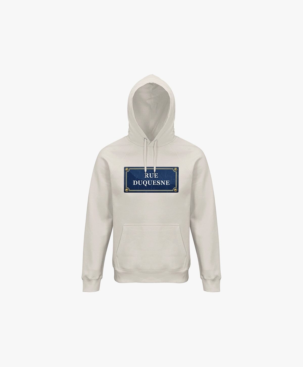 Vue de face du hoodie écru Salut Fred avec motif Rue Duquesne de la collection Rues de France