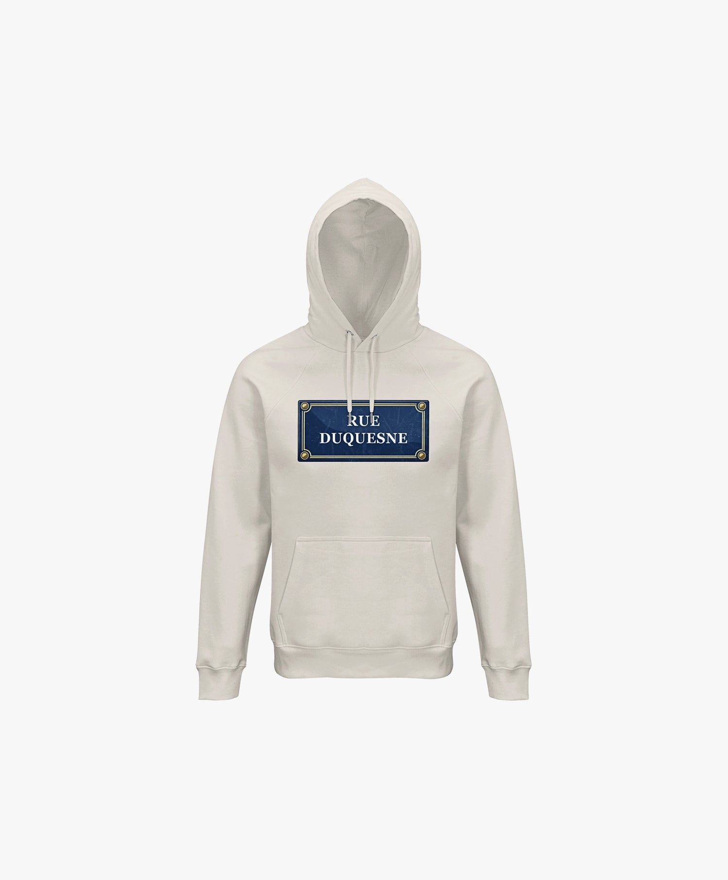 Vue de face du hoodie écru Salut Fred avec motif Rue Duquesne de la collection Rues de France
