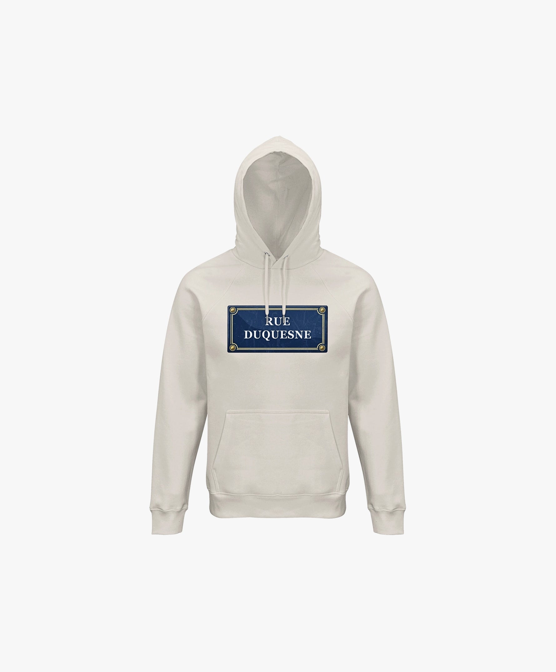 Vue de face du hoodie écru Salut Fred avec motif Rue Duquesne de la collection Rues de France