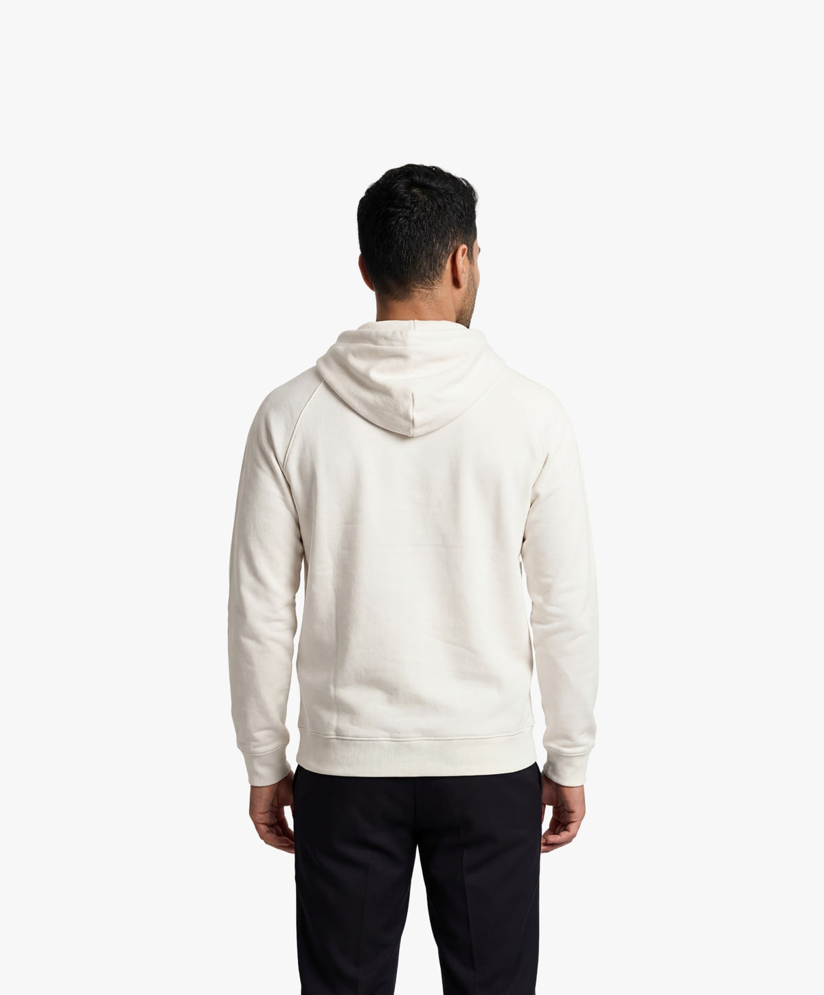 Vue de dos d’un homme portant un hoodie écru Salut Fred avec motif Rue Duquesne de la collection Rues de France