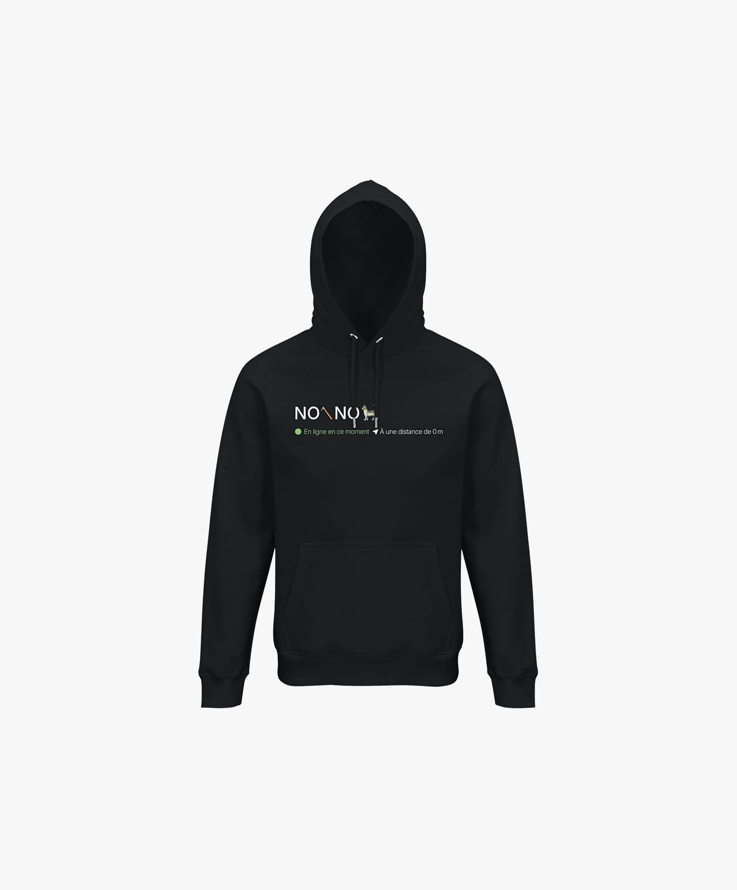 Vue de face du hoodie noir Salut Fred avec motif « No pic No Chat(te) », où « pic » et « Chat(te) » sont représentés par des emojis, de la collection NPNC et Pride