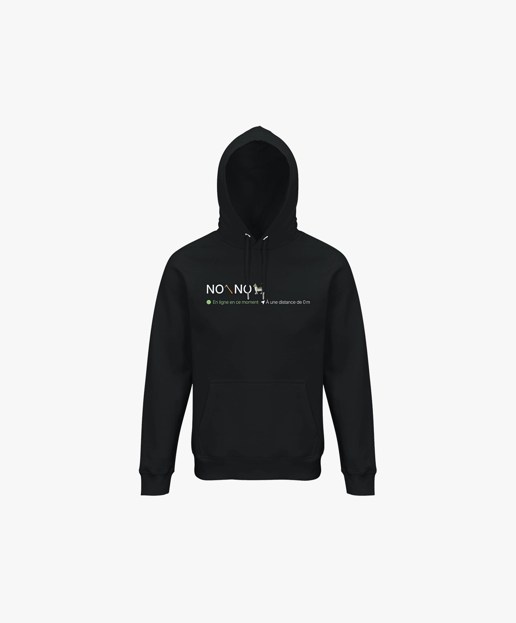 Vue de face du hoodie noir Salut Fred avec motif « No pic No Chat(te) », où « pic » et « Chat(te) » sont représentés par des emojis, de la collection NPNC et Pride