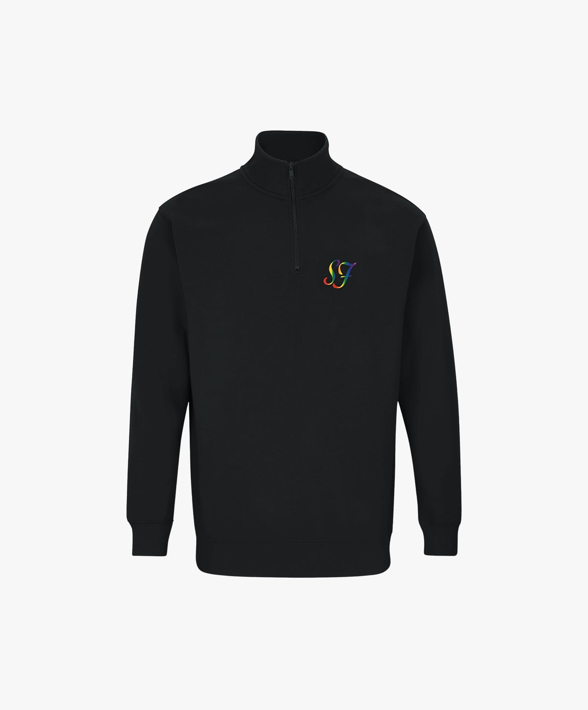 Vue de face du sweatshirt à col zippé 1/4 noir Salut Fred de la collection Pride avec monogramme SF arc-en-ciel brodé sur la poitrine