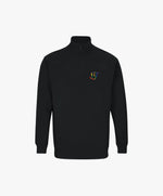 Vue de face du sweatshirt à col zippé 1/4 noir Salut Fred de la collection Pride avec monogramme SF arc-en-ciel brodé sur la poitrine