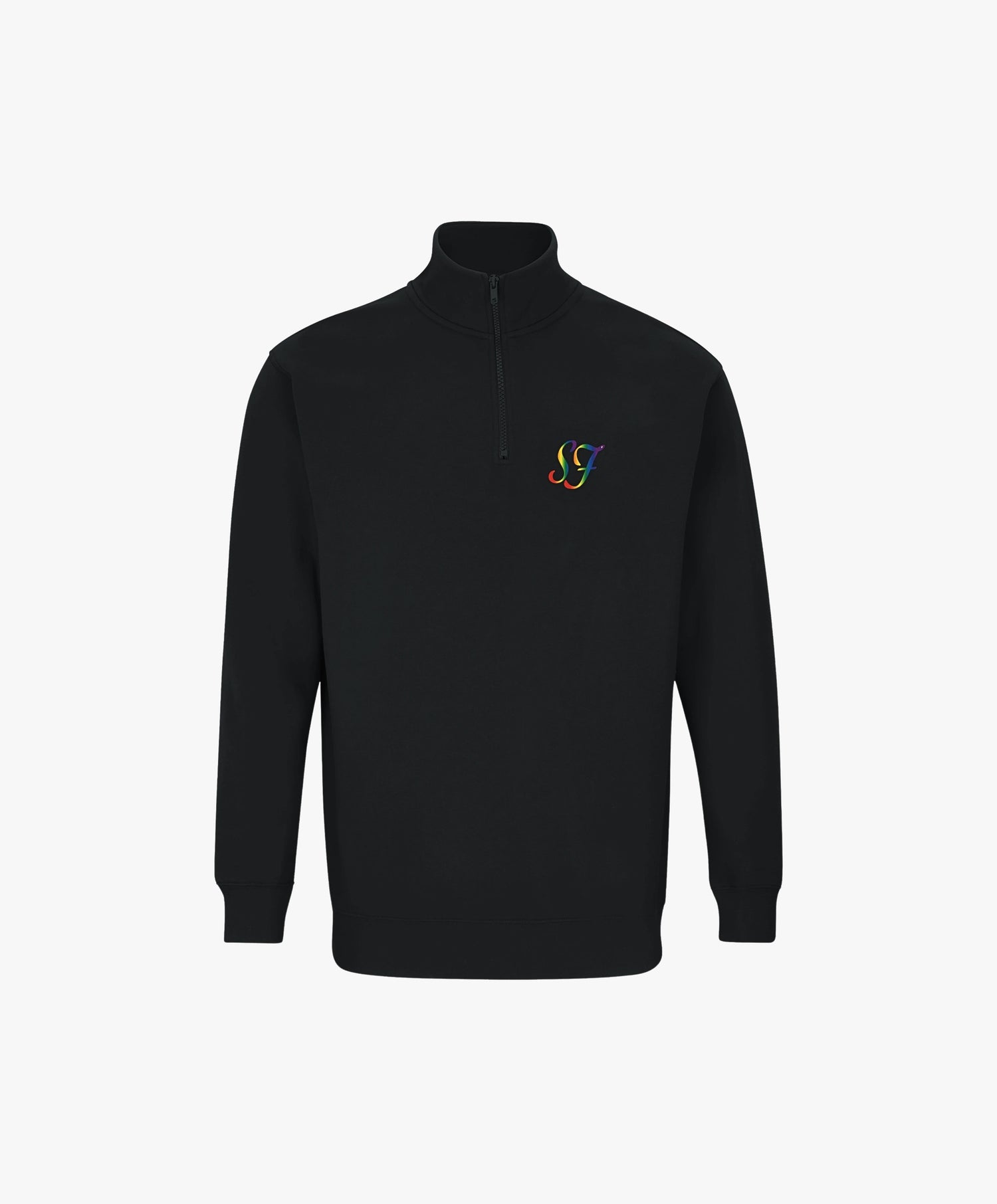 Vue de face du sweatshirt à col zippé 1/4 noir Salut Fred de la collection Pride avec monogramme SF arc-en-ciel brodé sur la poitrine