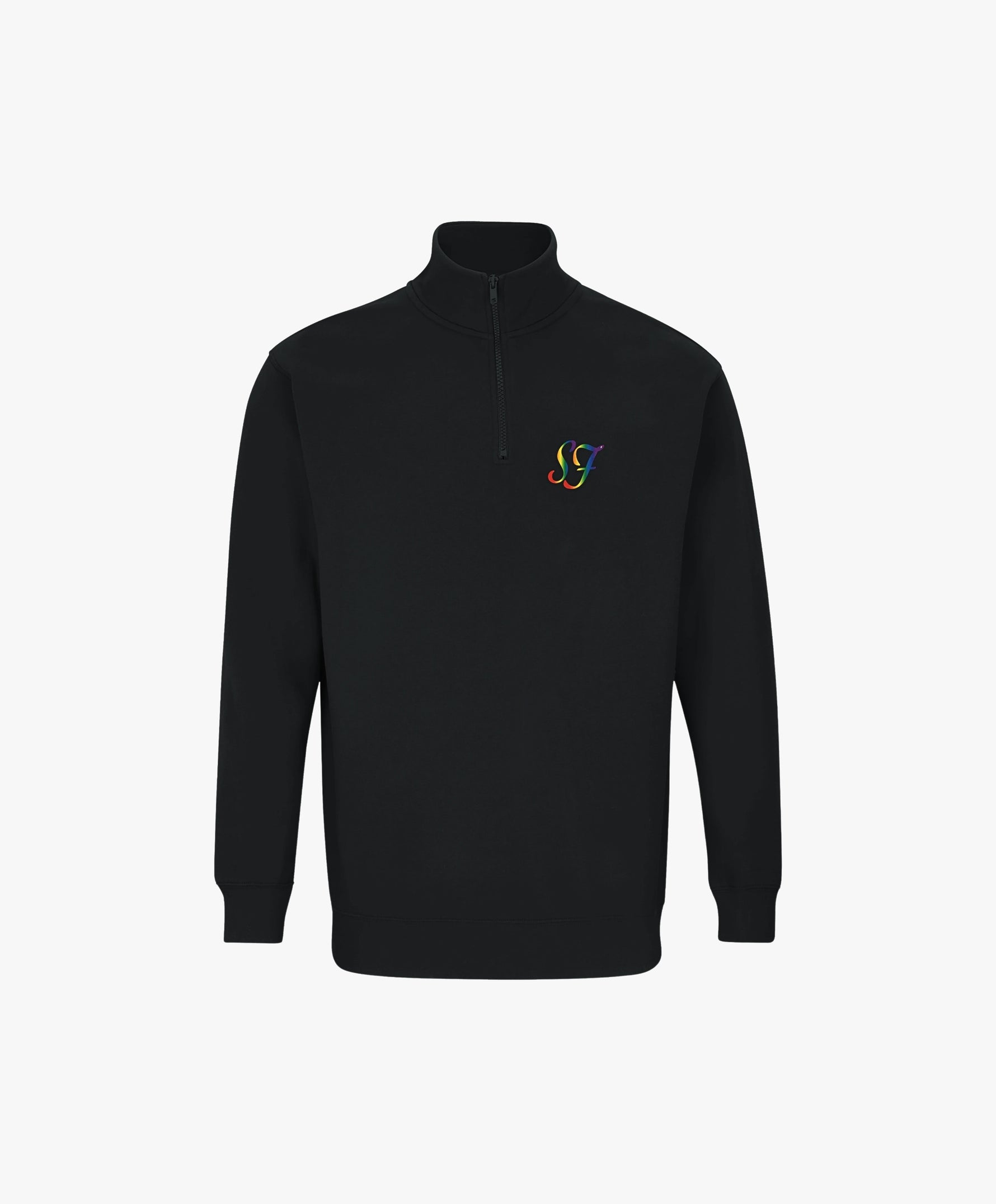 Vue de face du sweatshirt à col zippé 1/4 noir Salut Fred de la collection Pride avec monogramme SF arc-en-ciel brodé sur la poitrine