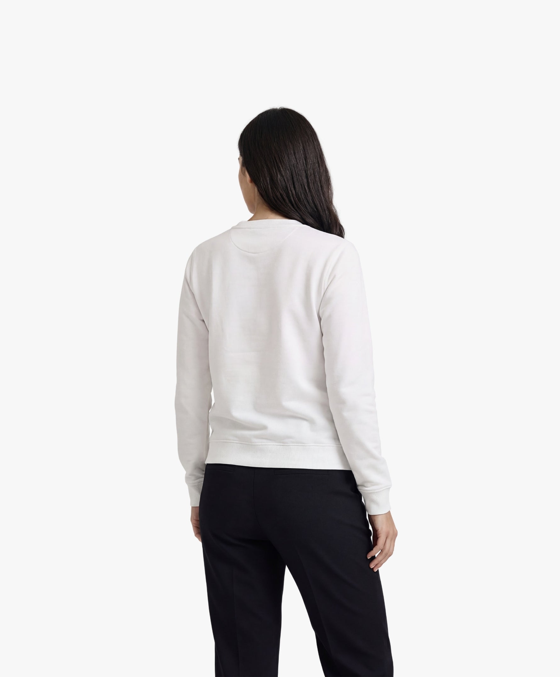 Vue de dos d’une femme portant un sweatshirt blanc Salut Fred de la collection Rues de France