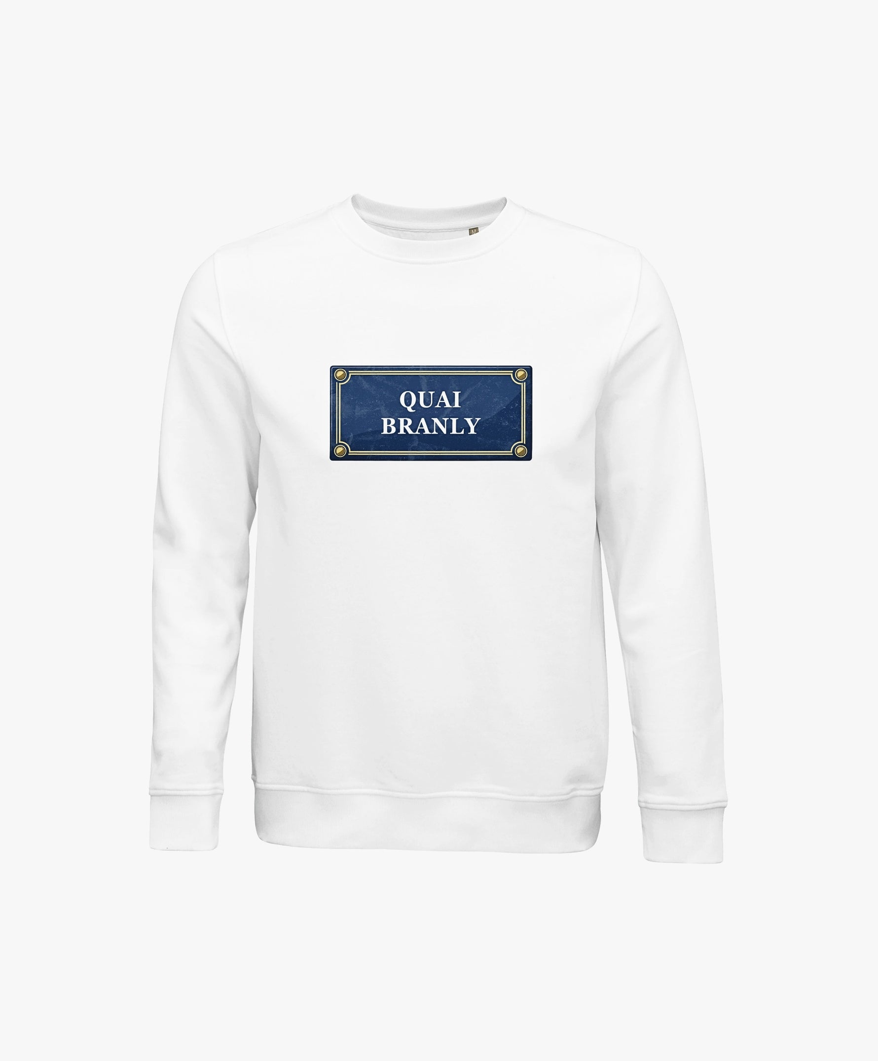 Vue de face du sweatshirt blanc Salut Fred avec motif Quai Branly de la collection Rues de France