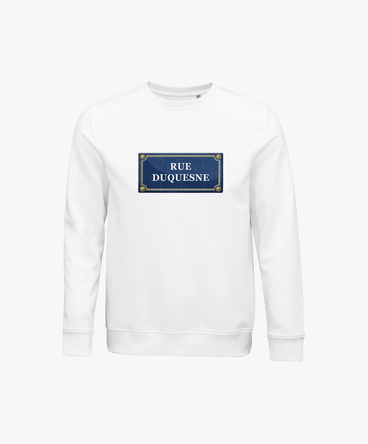 Vue de face du sweatshirt blanc Salut Fred avec motif Rue Duquesne de la collection Rues de France