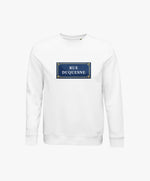 Vue de face du sweatshirt blanc Salut Fred avec motif Rue Duquesne de la collection Rues de France