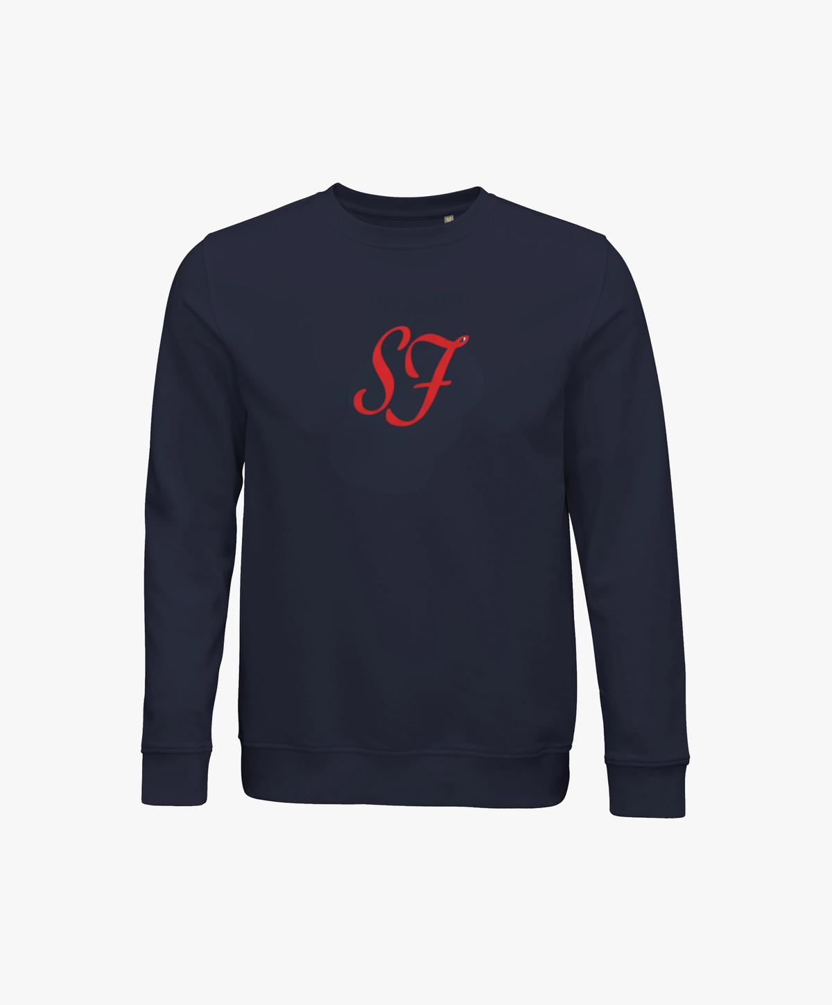 Vue de face du sweatshirt bleu marine SF Monogramme Salut Fred avec monogramme SF imprimé au centre de la poitrine