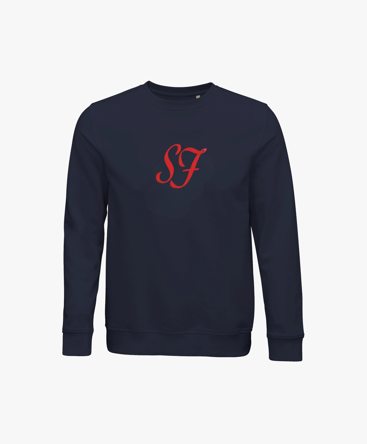 Vue de face du sweatshirt bleu marine SF Monogramme Salut Fred avec monogramme SF imprimé au centre de la poitrine